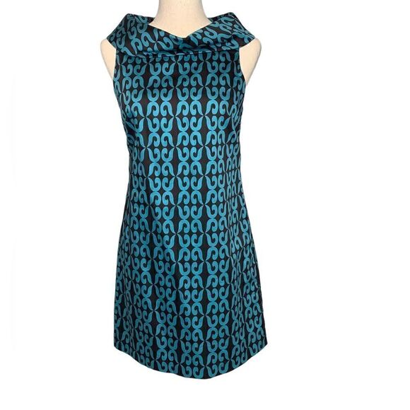Milly Of New York Blue and Brown Mock Neck Sleeveless Mini Dress | Size 4 - Picture 3 of 9